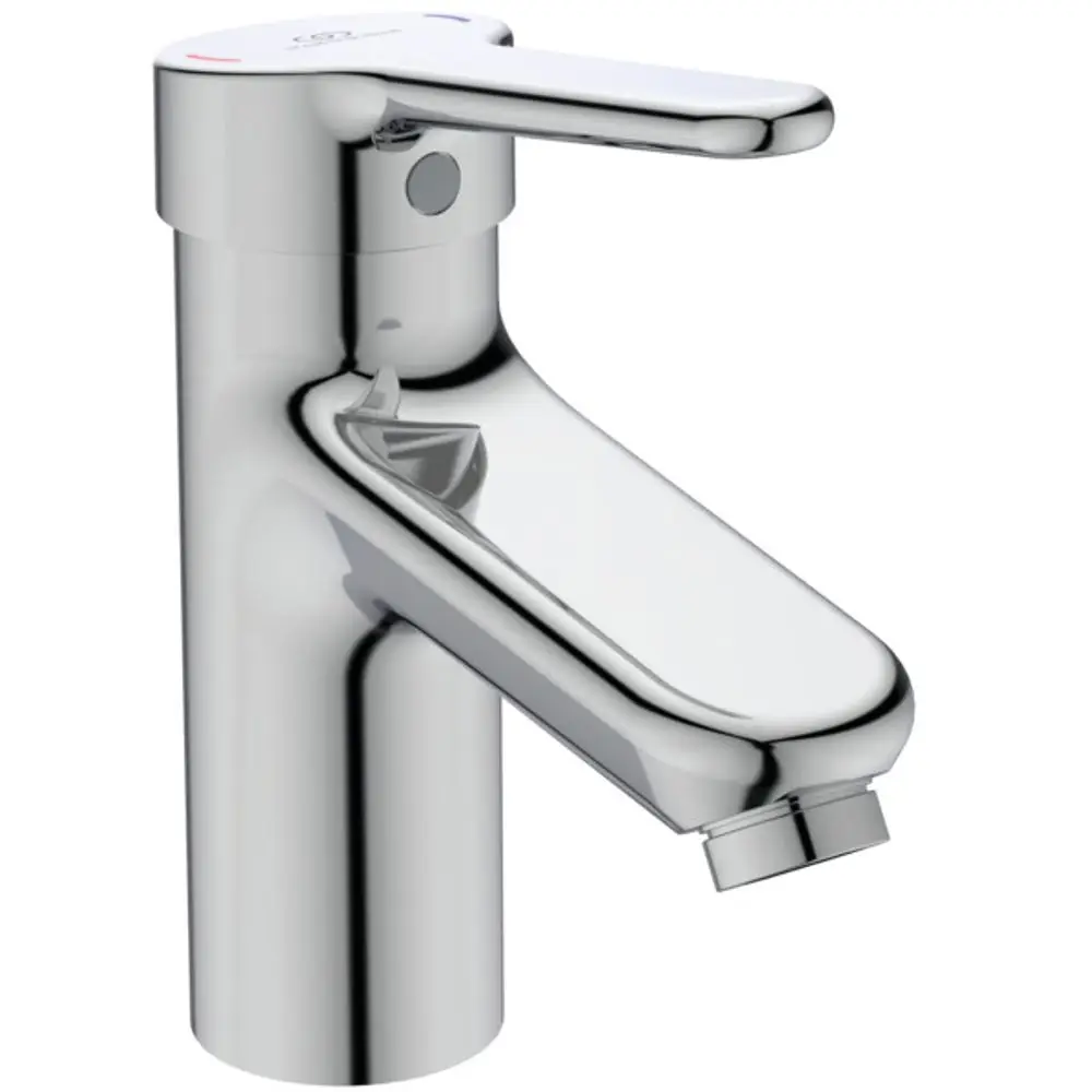 Chromfarbene Waschtischarmatur von Ideal Standard mit Einknopf-Bedienung. Das Design ist modern und funktional, geeignet für Badezimmeranwendungen.